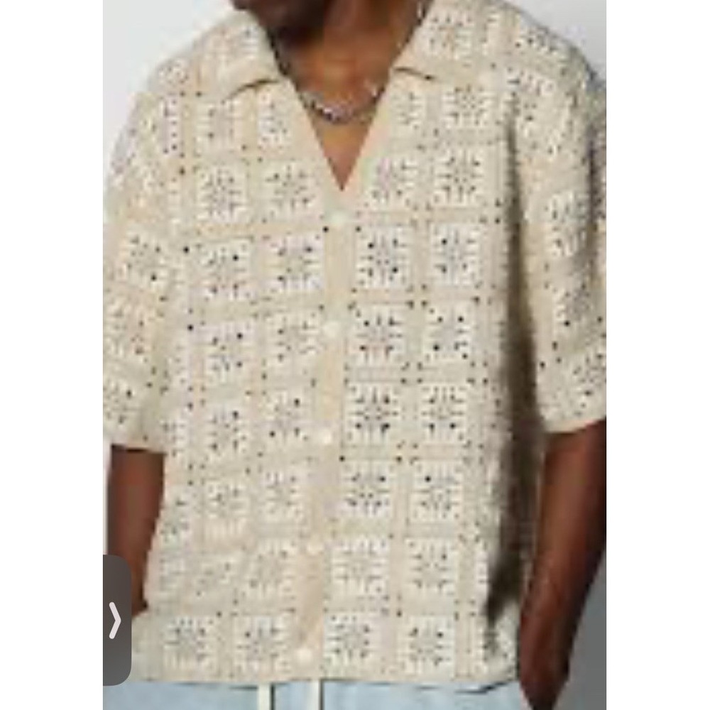 Sandstone Mens Crochet Button Open Knit Festival Sweater Tan & white Large